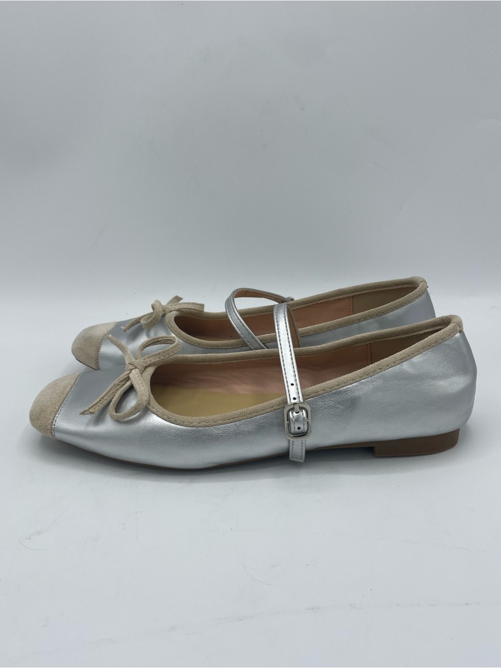 C. Paravano Clara Silver Mary Jane Ballet Flats with Beige Suede Trim and Bow. - Picture 2 of 11